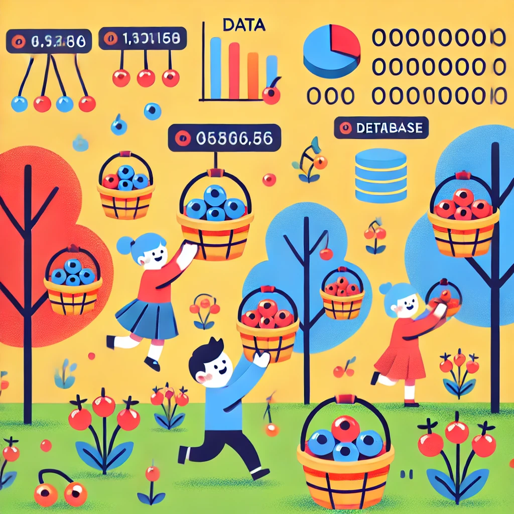 Kuva ihmisistä keräämässä dataa kuin marjoja. Kuva on generoitu DALL-E työkalulla.